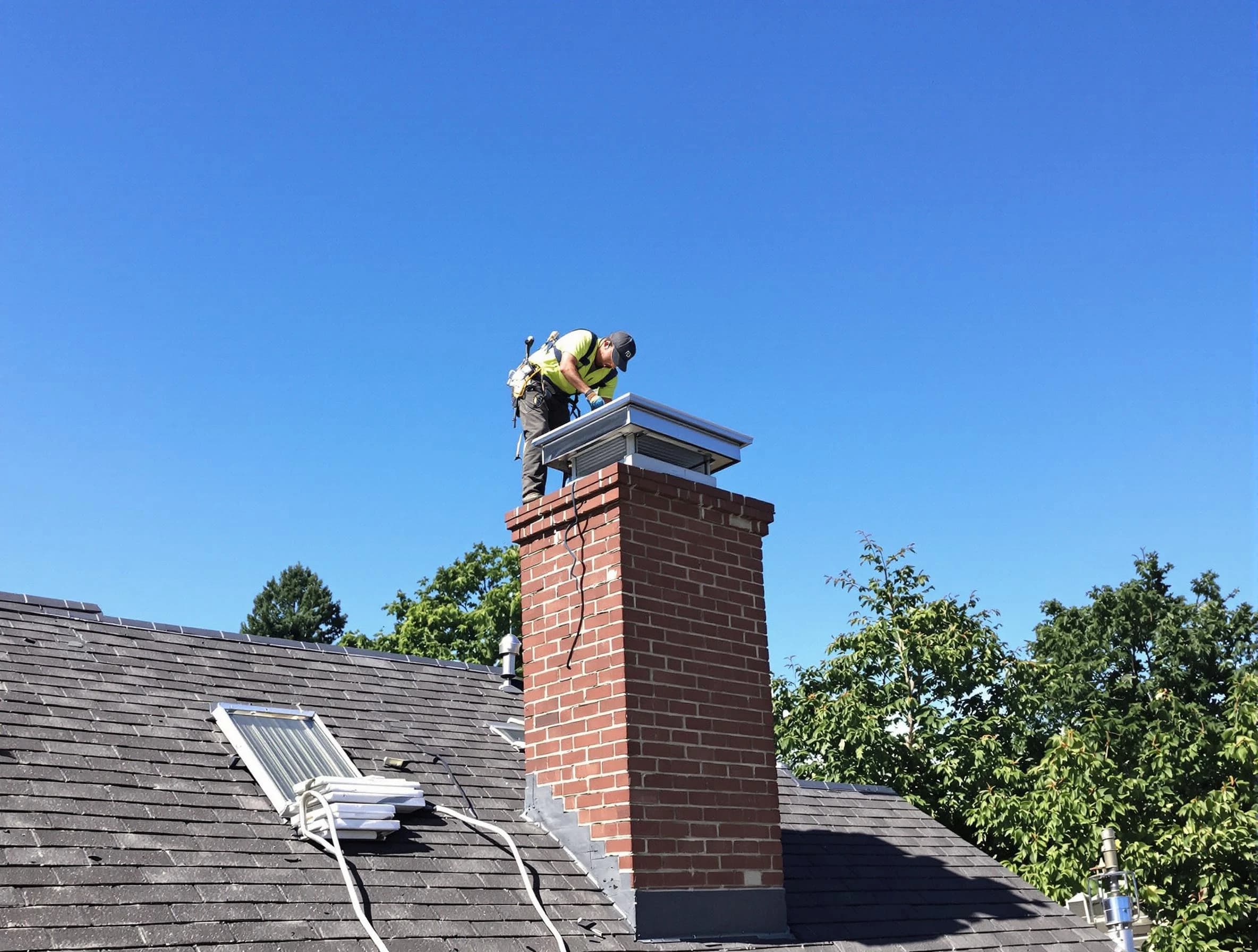 Bluffdale Chimney Sweep technician measuring a chimney cap in Bluffdale, UT